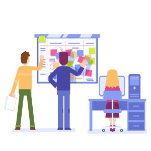 Flat IT, software developers, manager or designers men sworking with big scrum agile board with daily tasks, kan ban desk with sticky notes, woman at desktop. Vector illustration.